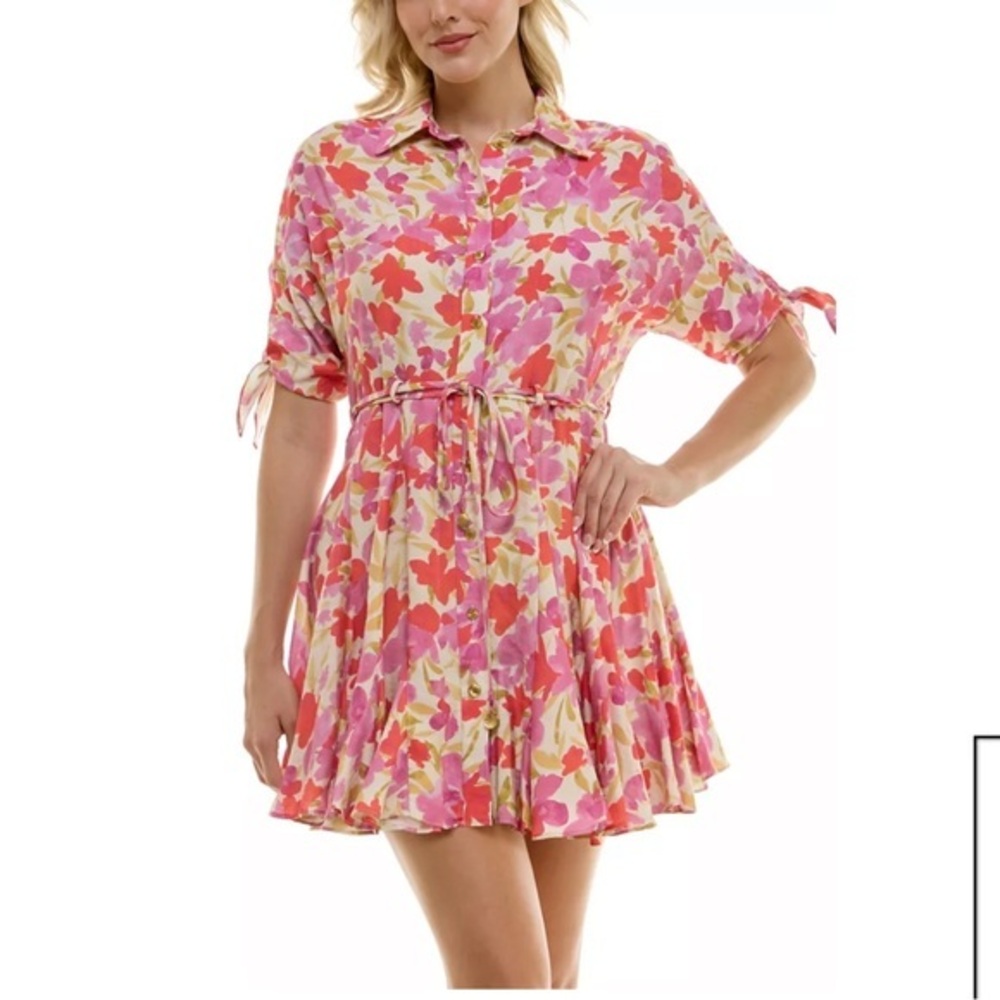 Taylor Floral Fit and Flare Dress Womens 6 Pink Red Button Front Spring Summer